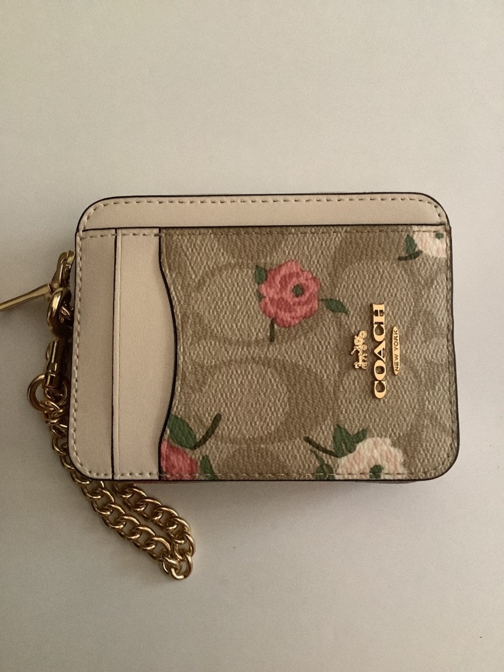 COACH Khaki Signature & Leather Floral Print Zip Card Case CR971 BNWT